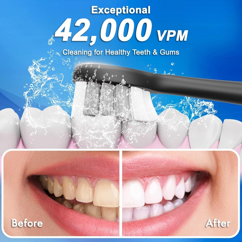 Kuicur Sonic Electric Toothbrush for Adults and Kids, Comes with 10 Brush Heads & Travel Case, 5 Modes with 2 Minutes Built in Smart Timer, One Charge for 90 Days, 42,000 VPM Motor (Black) - Image 2